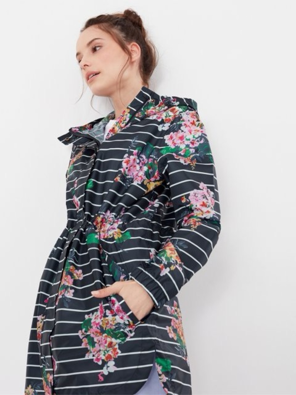 Joules Right As Rain Packable Navy Striped Floral Hooded Trench Coat